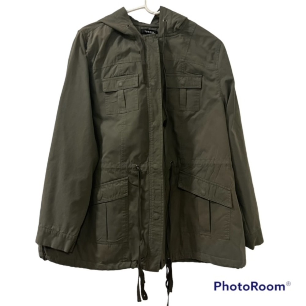 Torrid Womens Army Green Utility Hooded Jacket Snap Buttons Drawstring Sz 1/1X